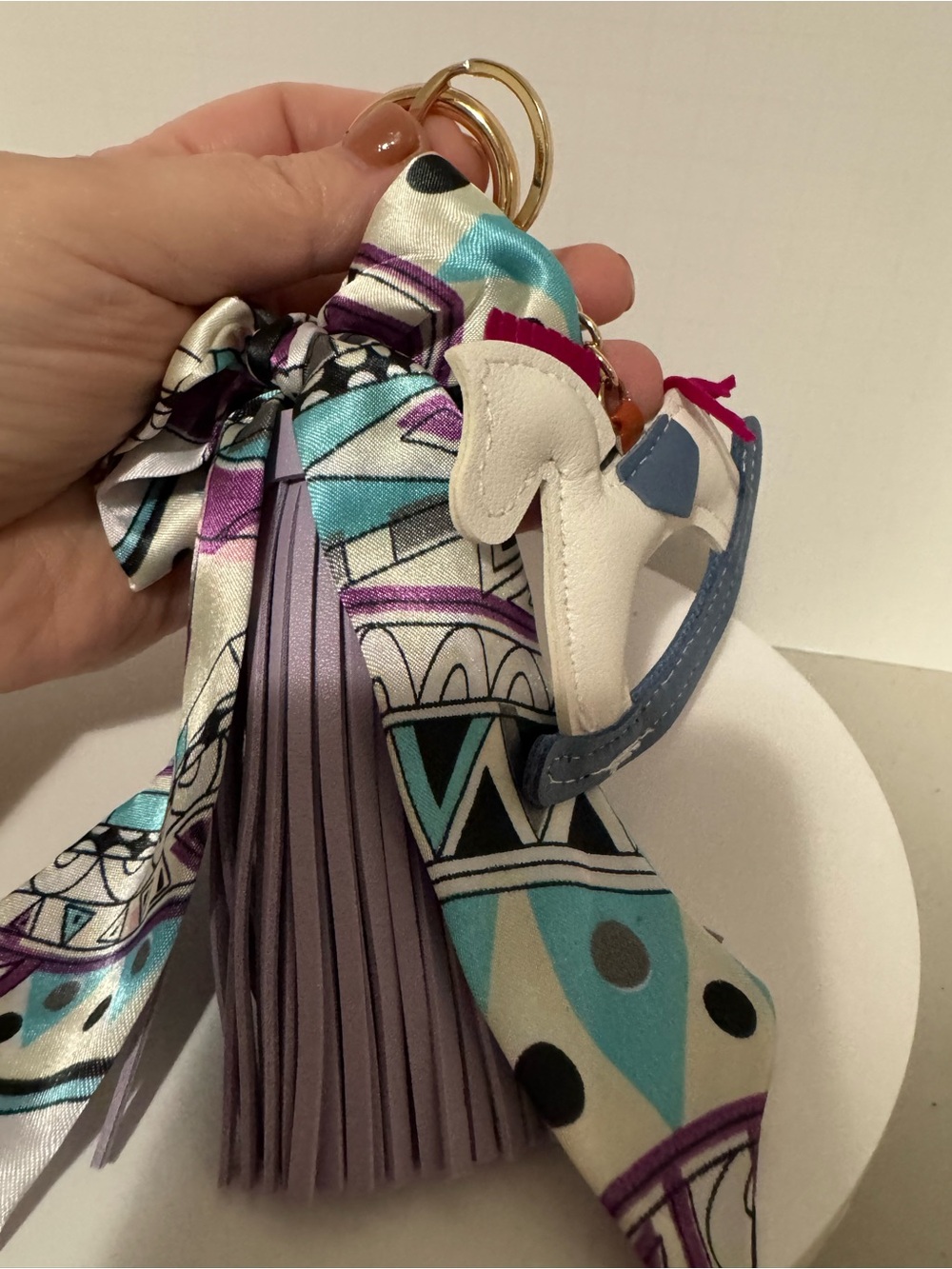 White & Blue Rocking Horse Keychain Charm - Picture 2 of 2